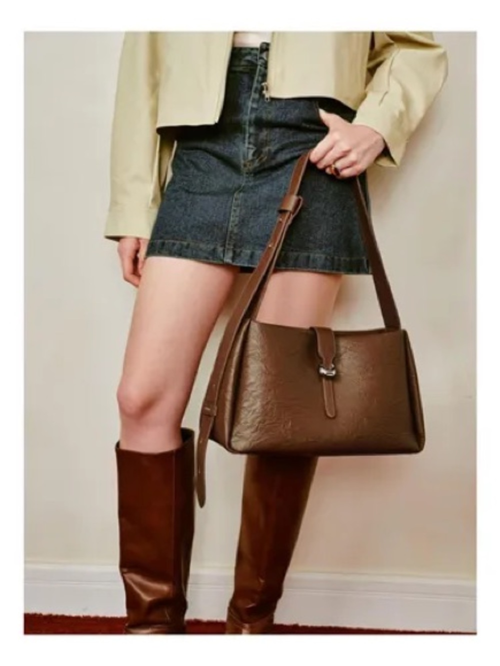 Structured Brown Leather Shoulder Bag with Buckle Detail